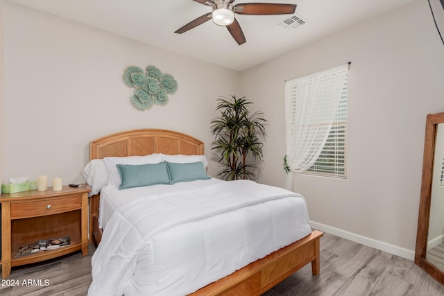bedroom with hardwood / wood-style flooring and ceiling fan