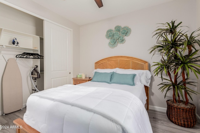 bedroom featuring ceiling fan, a closet, and wood-type flooring