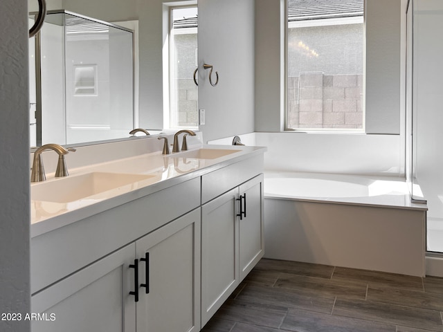 bathroom with wood-type flooring, vanity, and independent shower and bath