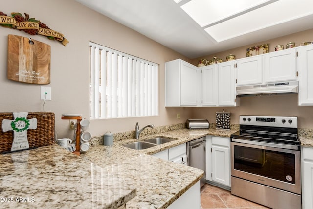 2941 N Oregon St Unit 12, Chandler, AZ 85225 - kitchen featuring stainless steel appliances, under cabinet range hood, a sink, and white cabinetry