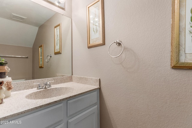 2941 N Oregon St Unit 12, Chandler, AZ 85225 - bathroom with vanity, lofted ceiling, and a textured wall