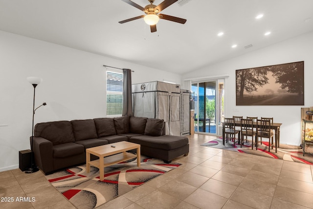 1725 E Chanute Pass, Phoenix, AZ 85040 - living room featuring a ceiling fan, healthy amount of natural light, vaulted ceiling, recessed lighting, and tile patterned floors