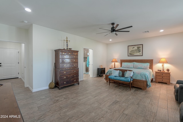 bedroom featuring ceiling fan and light wood-type flooring