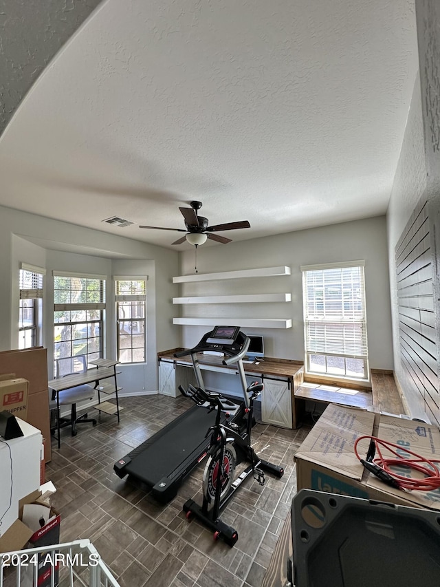 exercise room featuring plenty of natural light, ceiling fan, and a textured ceiling