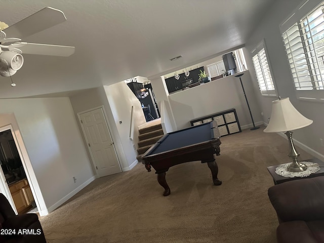 playroom with carpet floors, billiards, and ceiling fan