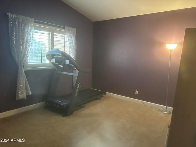 workout area featuring carpet floors and lofted ceiling