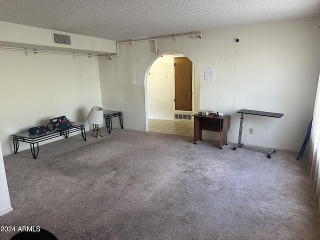 interior space with a textured ceiling and carpet flooring