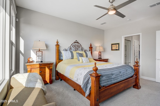 bedroom featuring carpet floors, baseboards, and ceiling fan