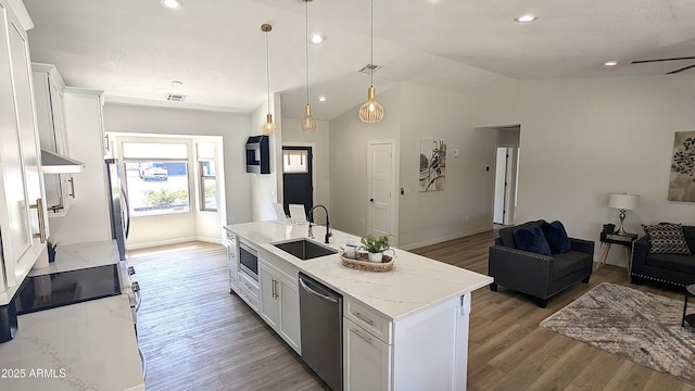 4442 E Aire Libre Ave, Phoenix, AZ 85032 - kitchen featuring a sink, stainless steel appliances, under cabinet range hood, open floor plan, and lofted ceiling