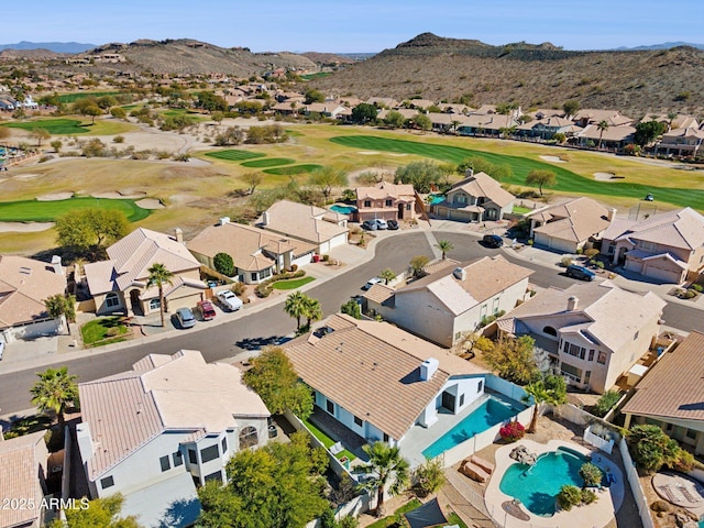 bird's eye view featuring a residential view, a mountain view, and golf course view