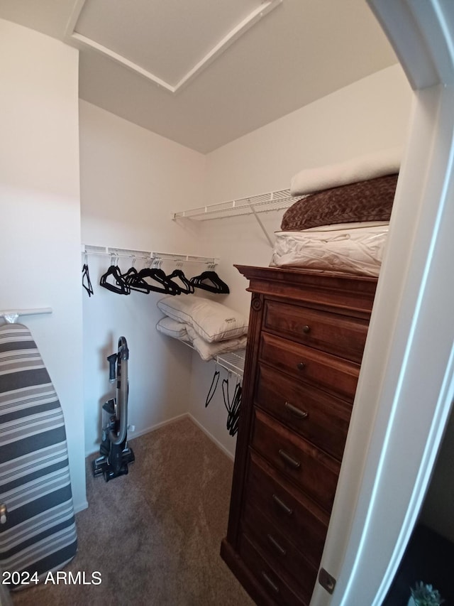 spacious closet featuring dark carpet