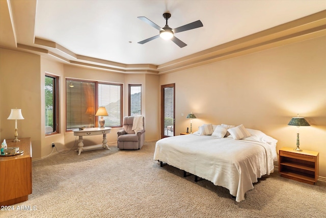 bedroom featuring carpet, a raised ceiling, and ceiling fan