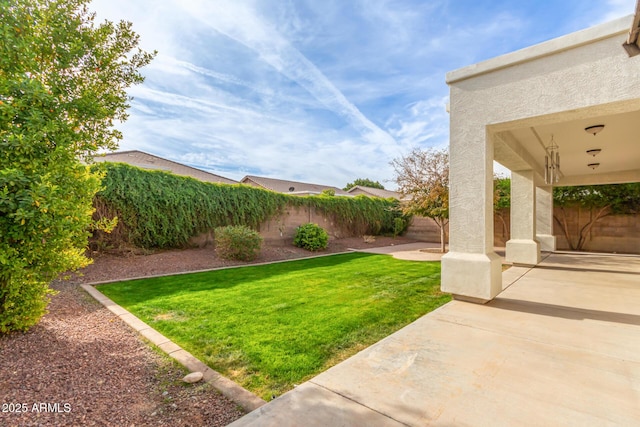 view of yard featuring a patio and a fenced backyard