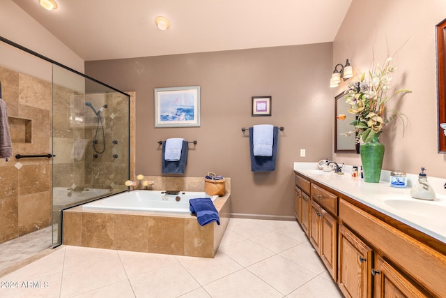 bathroom featuring vanity, tile patterned floors, and separate shower and tub