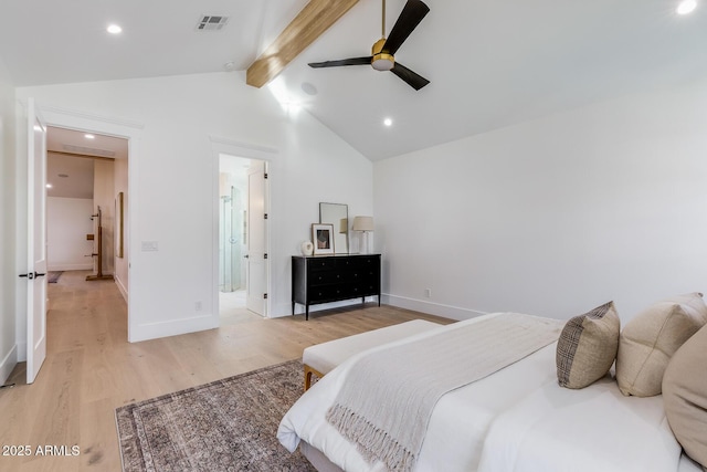 bedroom with lofted ceiling with beams, visible vents, baseboards, and light wood finished floors