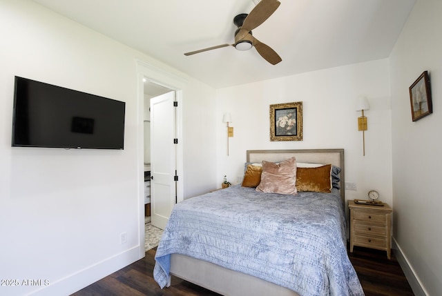 bedroom featuring a ceiling fan, baseboards, and wood finished floors