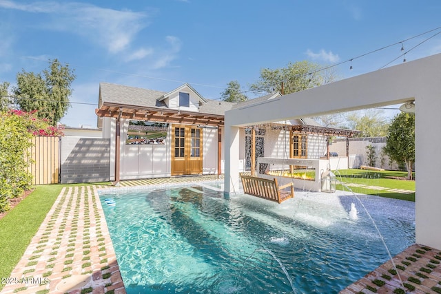 view of swimming pool with a patio, fence, and a pergola