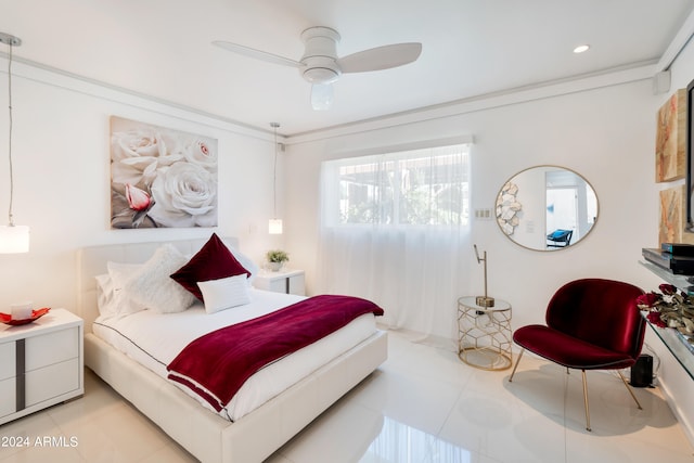 bedroom with crown molding, access to outside, light tile patterned floors, and ceiling fan