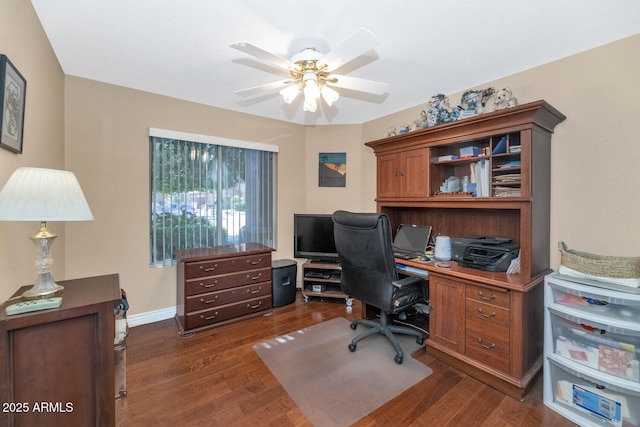 15740 N 91st Dr, Peoria, AZ 85382 - home office with a ceiling fan, dark wood-style flooring, and baseboards