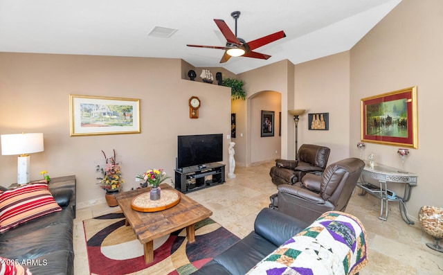 15740 N 91st Dr, Peoria, AZ 85382 - living area featuring arched walkways, vaulted ceiling, and ceiling fan