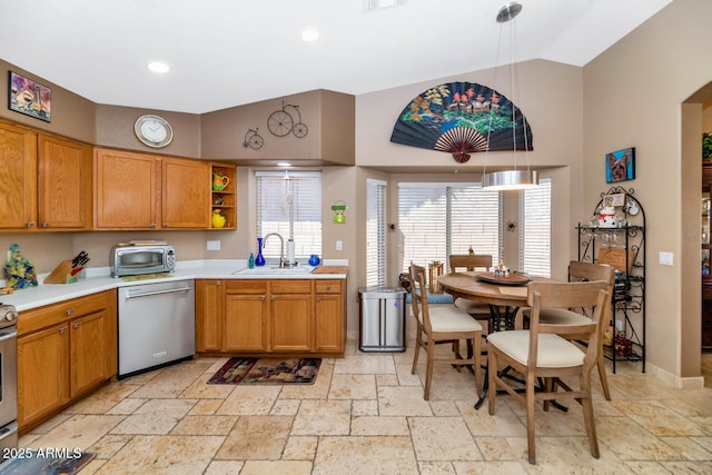 15740 N 91st Dr, Peoria, AZ 85382 - kitchen featuring dishwasher, a sink, stone tile floors, open shelves, and brown cabinets