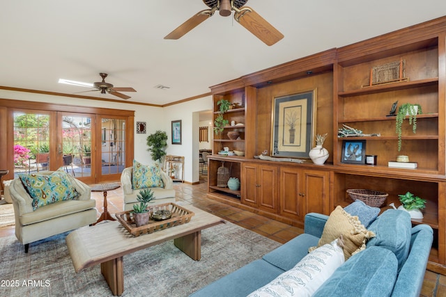 7526 E Edgemont Ave, Scottsdale, AZ 85251 - tiled living room featuring ceiling fan and ornamental molding