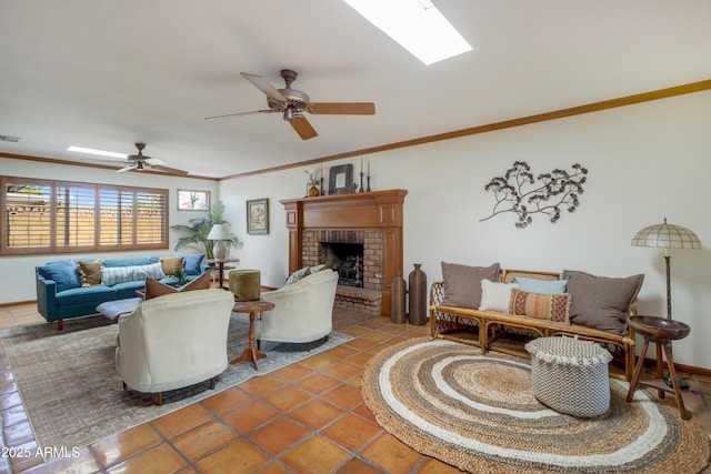 7526 E Edgemont Ave, Scottsdale, AZ 85251 - tiled living area with crown molding, a brick fireplace, and ceiling fan