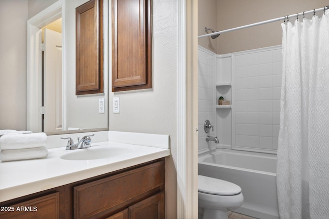 full bathroom featuring toilet, shower / bath combo, and vanity