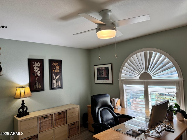 home office featuring dark hardwood / wood-style floors and ceiling fan