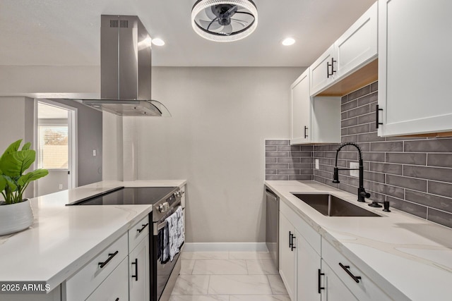 kitchen featuring tasteful backsplash, sink, white cabinets, island exhaust hood, and stainless steel appliances