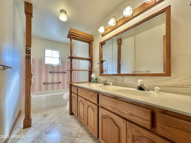 full bathroom with tile patterned flooring, vanity, shower / bath combo, and toilet