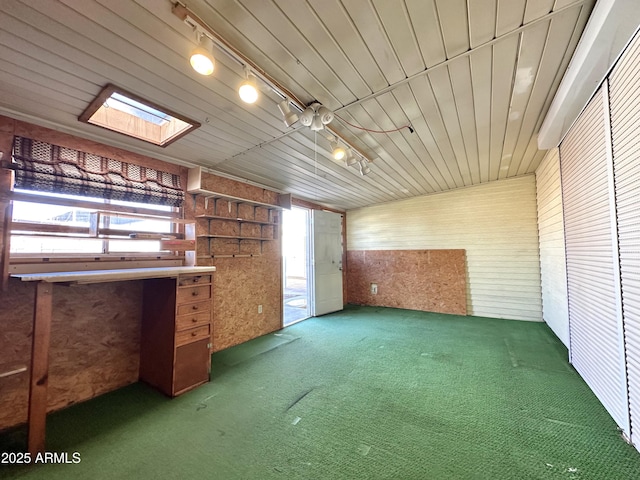 additional living space with dark colored carpet, wood ceiling, wooden walls, and a skylight