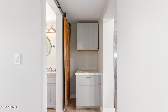 bathroom with hardwood / wood-style flooring and vanity