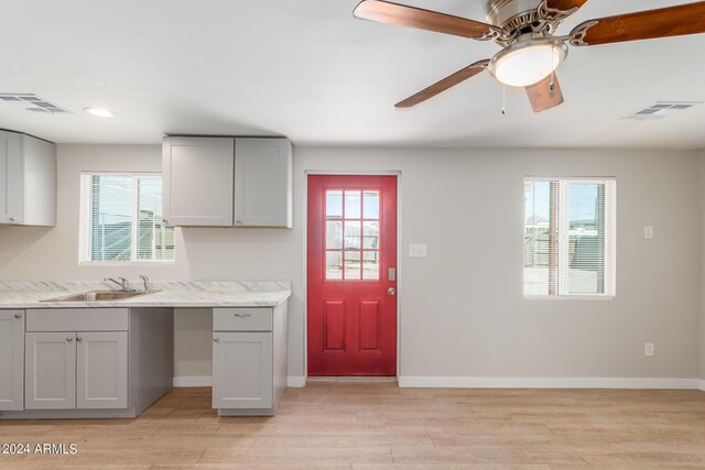 kitchen with sink, plenty of natural light, ceiling fan, and gray cabinets