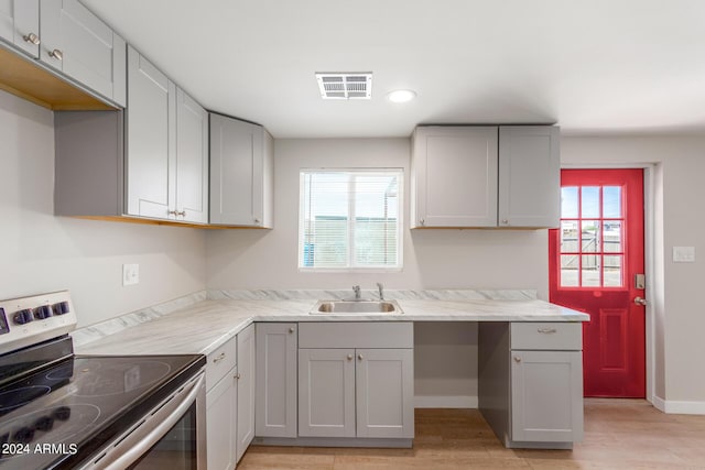 9424 N 2nd Pl, Phoenix, AZ 85020 - kitchen with gray cabinets, stainless steel electric range, a sink, and visible vents