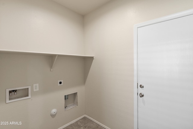 laundry area with washer hookup, laundry area, electric dryer hookup, hookup for a gas dryer, and baseboards