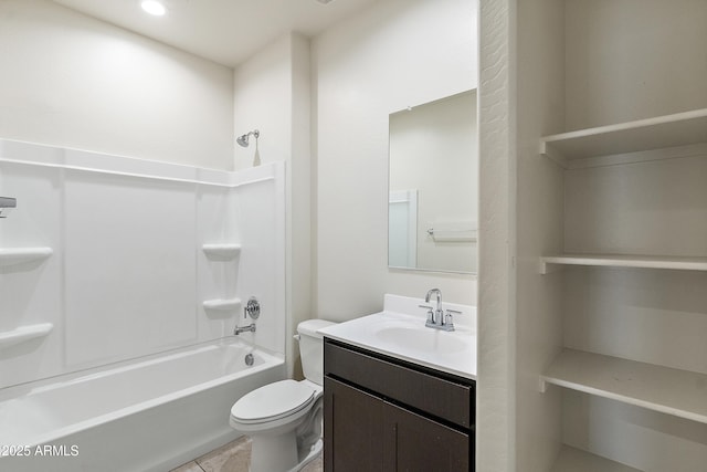full bathroom with shower / bath combination, vanity, tile patterned flooring, and toilet