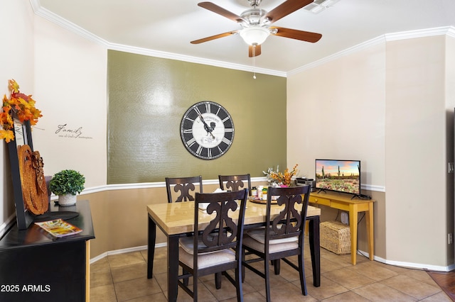 dining area featuring baseboards, ceiling fan, visible vents, and crown molding