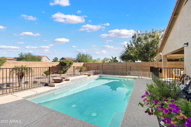 view of swimming pool featuring a fenced backyard and a fenced in pool