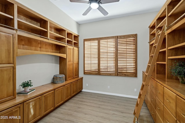 office area featuring ceiling fan and light hardwood / wood-style flooring