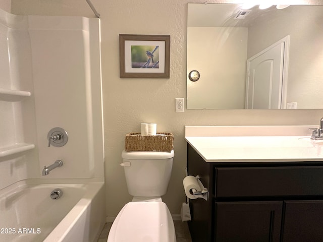 bathroom with tub / shower combination, visible vents, toilet, and vanity