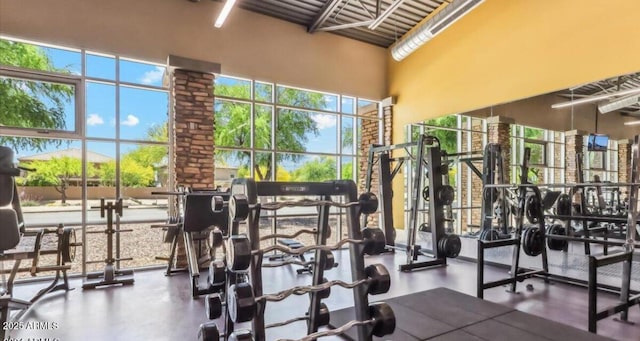 workout area with a high ceiling