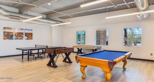rec room featuring baseboards, pool table, and wood finished floors