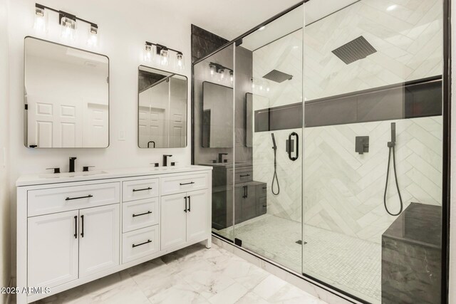 8725 E Via Del Arbor, Scottsdale, AZ 85258 - bathroom featuring marble look tile flooring, a stall shower, and double vanity