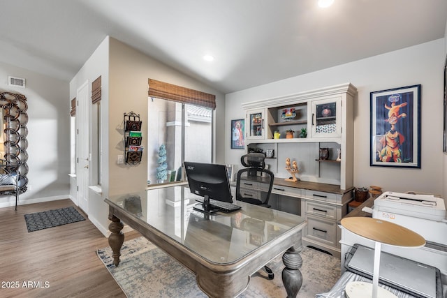 8738 W Runion Dr, Peoria, AZ 85382 - office area featuring lofted ceiling, light wood-style flooring, baseboards, and recessed lighting