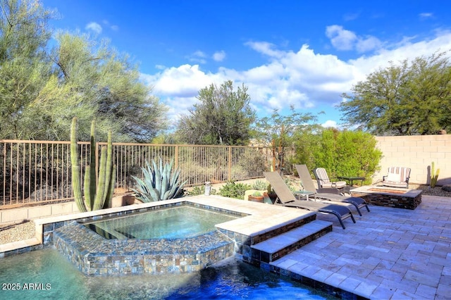 32764 N 68th Pl, Scottsdale, AZ 85266 - view of swimming pool with a fire pit, a patio, a fenced backyard, and an in ground hot tub