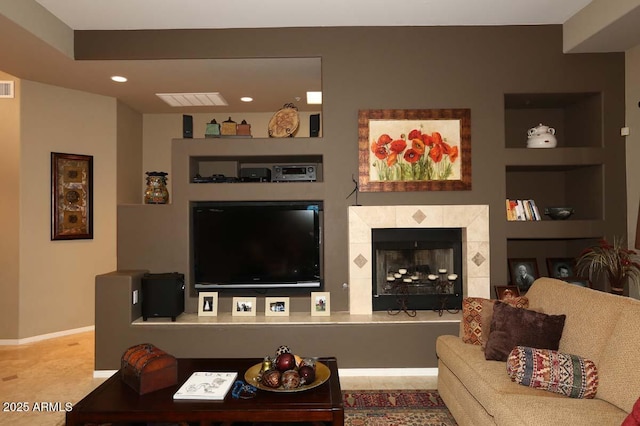 32764 N 68th Pl, Scottsdale, AZ 85266 - living area featuring built in shelves, a fireplace, baseboards, visible vents, and recessed lighting
