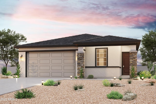 22824 N 182nd Ln, Surprise, AZ 85387 - prairie-style house with stucco siding, stone siding, driveway, and a garage