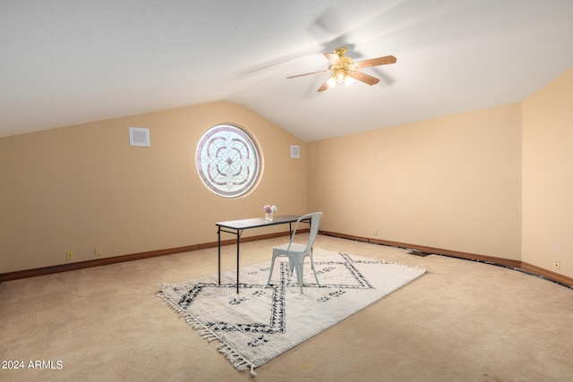 game room with light carpet, ceiling fan, and lofted ceiling