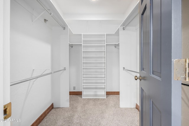 walk in closet featuring light carpet